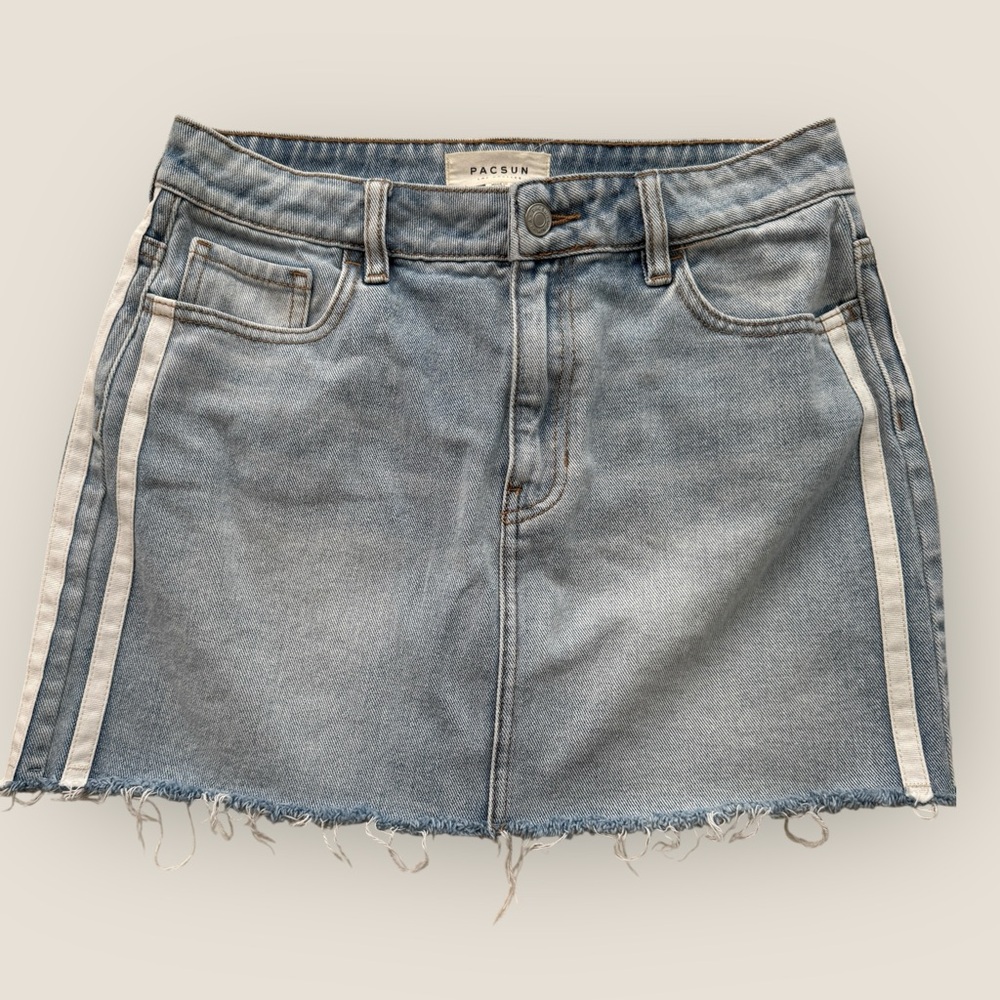 Pacsun | Denim Mini Skirt Raw Hem Side Stripe | Size 27